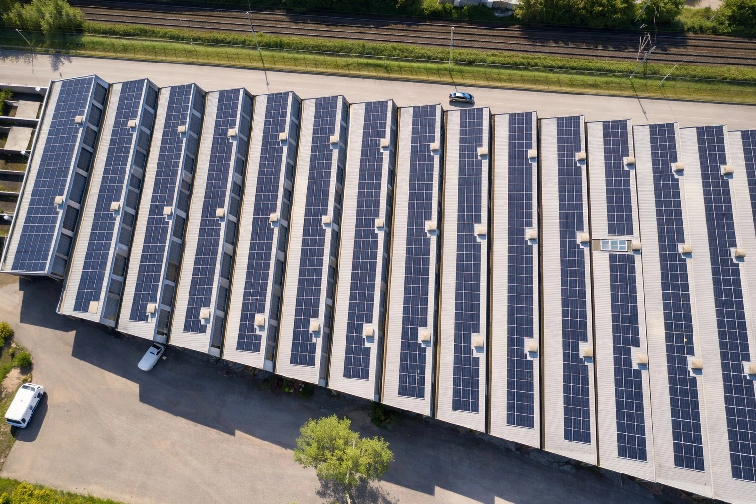 Installation de panneaux solaires sur bâtiment professionnel, toiture industrielle photovoltaïque en France